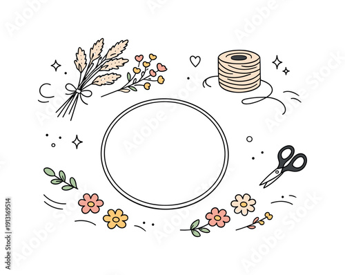 Image Generation. DIY spring wreath setup. Minimal props like dried flowers, twine, frame ring and small blooms placed in a soft and natural layout. Calm