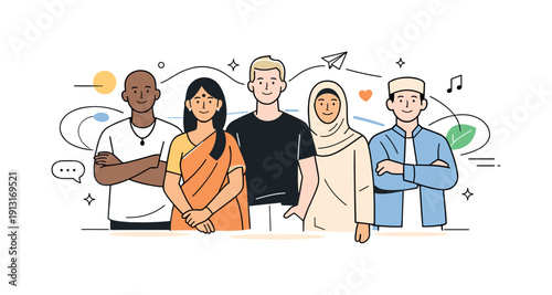 Image Generation. Unity in diversity. A balanced editorial scene showing people of different cultures standing side by side, calm confident poses. Abstract