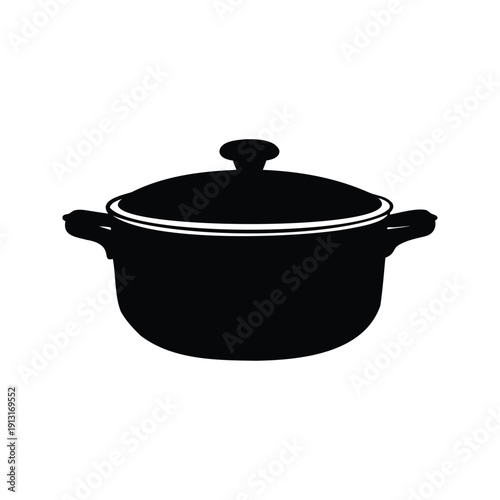 Black and white pot with lid, elegant kitchenware for cooking, silhouette vector illustration, saucepan silhouette vector illustration