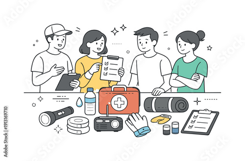 Safety Training Essentials. Safety training session. A group reviews emergency kits and basic equipment laid out neatly on a table. Calm preparation and