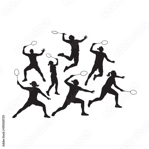 Set of black badminton player silhouettes in various action poses vector illustration.