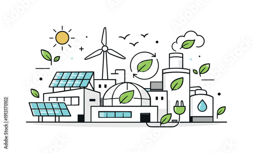 Sustainable Modern Factory. Low-carbon industries. Modern factory with solar panels and green energy symbols integrated into its structure. Optimistic view of