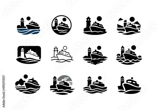 Ferry systems. Icon set. Set Logo of ferry systems: harbor with ferry. harmonious logo variations of the same emblematic concept, each with