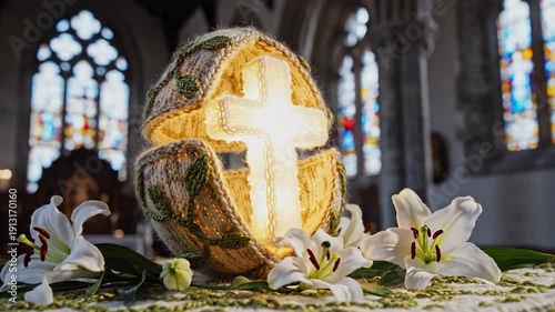 Knitted egg opening with glowing cross and white lilies inside building interior