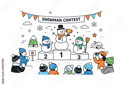 Snowman Festival Fun. Winter festival snow games. Snowman contest as part of a winter event, warm community feeling and celebration. Banners, snow icons, and