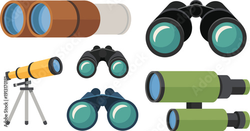 Binoculars and telescope flat icon collection set, optical zoom equipment pack, vector illustration design set, isolated white background