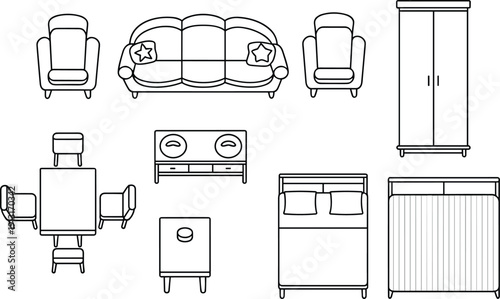 Home furniture outline top view set, sofa armchairs bed wardrobe dining table pack, vector illustration design, isolated background