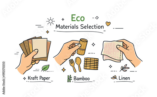 Image Generation. Inspirational design with ecology materials trend. Close-up of hands choosing eco-friendly materials like kraft paper, bamboo, and linen.