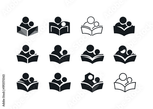 Image Generation. Grandparent reading to child. Icon set. Set Logo of grandparent reading to child: open book with two figures. harmonious logo variations of