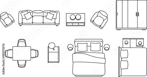 Home furniture top view layout set, sofa armchairs bed wardrobe dining pack, outline vector illustration design, isolated background