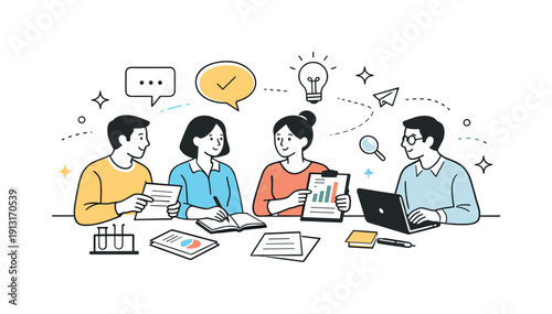 Shared research discussion. A group gathered around a table, comparing notes and results, calm collaboration and mutual focus. Light abstract