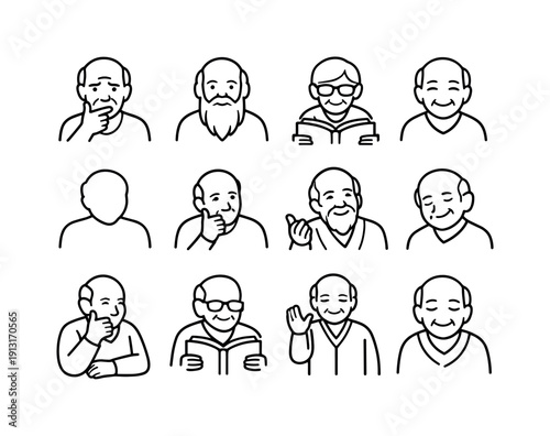 Image Generation. Elderly wisdom. Line icon set of elderly wisdom: elderly person thinking, wise face with beard, glasses reading elder, calm smile portrait,