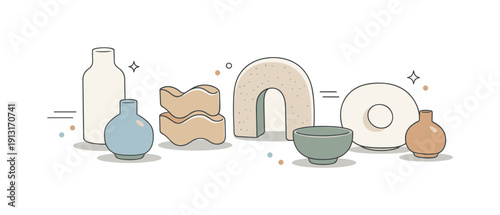 Ceramic decor objects. A decorative layout featuring multiple ceramic pieces of different sizes and natural shapes, floating slightly above