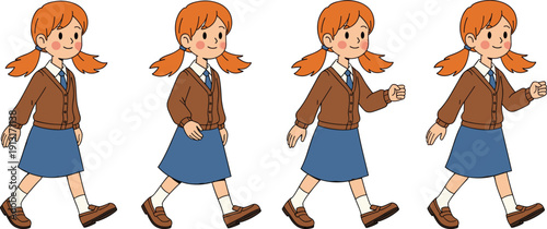 Cartoon schoolgirl walking animation poses, cute student character sequence in uniform, child movement illustration set isolated on white background