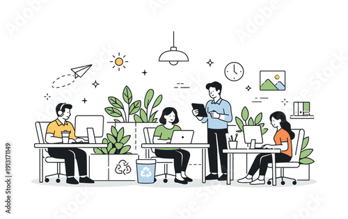 Eco-friendly office. A calm open-plan office with plants dividing work areas and soft natural tones. The mood is fresh, productive, and