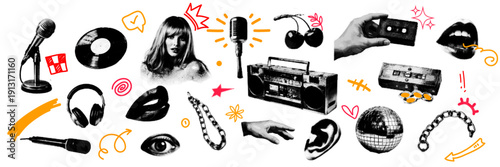 Halftone pop art retro music collage featuring microphone vinyl cassette boombox headphone and disco element design, vector illustration