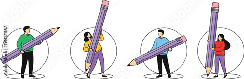 Creative people holding oversized pencils illustration set, teamwork and idea generation concept, modern flat character design for education, creativity and brainstorming themes