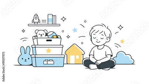 Organized playtime ending. Toys neatly stored after play, child feeling calm and satisfied. Clean room, storage boxes, and soft decorative