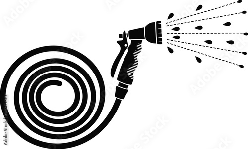 Garden hose with spray nozzle silhouette, watering equipment illustration, gardening tool design, water splash symbol, black isolated vector graphic