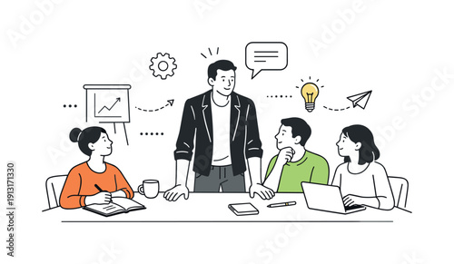 Guiding Team Meeting. Leadership in action ? guiding a team meeting. A calm editorial scene showing a leader standing at a table with team members listening