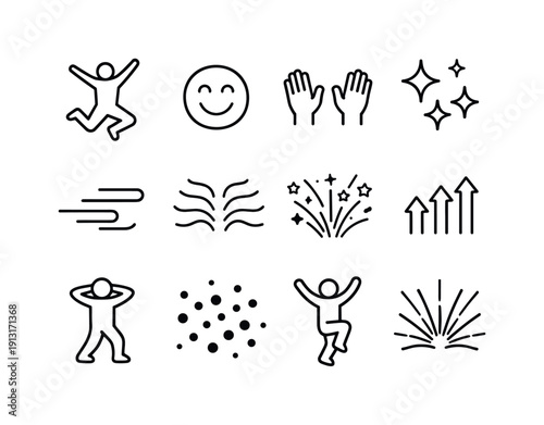 Pure happiness moment. Line icon set of Pure happiness moment: joyful jump silhouette, smiling face, raised hands, emotional sparkles, motion
