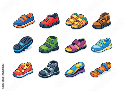 Adaptive footwear. Colorful isometric vector icons set of Adaptive footwear: velcro sneakers, zipper shoes, wide fit sandals, orthopedic
