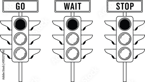 Traffic light illustration set with Go Wait Stop signs, road safety signal concept, black and white vector design elements collection