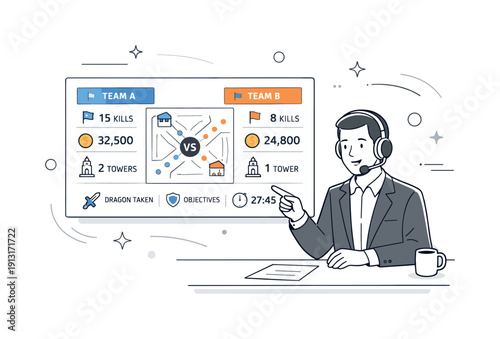 Live game broadcast. Commentator in a studio pointing at a simplified game screen with stats and icons. Clear explanation mood,