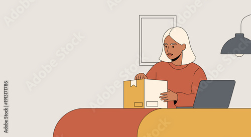 A woman with light brown skin and South Asian features, the owner of an online store, packs an order.