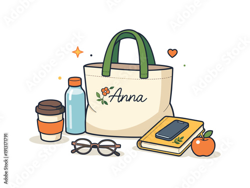 Personalized embroidered tote bags a cozy lifestyle scene where a reusable tote with custom embroidery rests beside daily essentials,