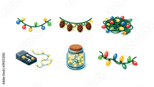 DecorLights. Isometric flat vector icons set of DecorLights: string lights on garland, lights with pine cones, festive lights bundle,