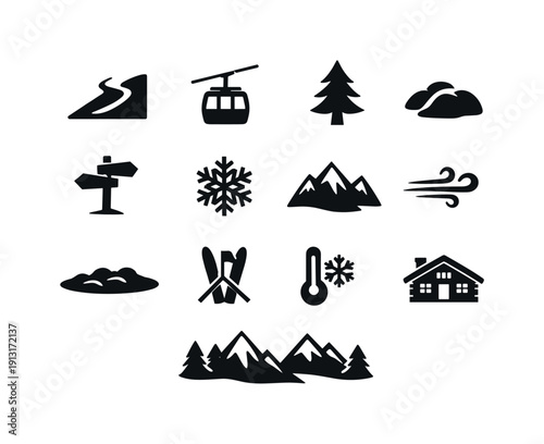Snowboarding Environment. Solid icon set of Snowboarding Environment: snowy slope, ski lift, pine tree, snow-covered hill, trail marker,