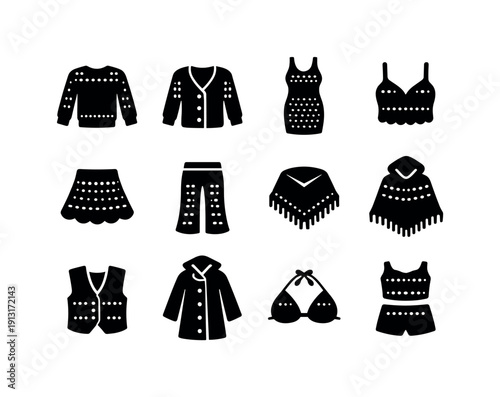 Crochet fashion pieces. Solid icon set of crochet fashion pieces: crochet sweater, crochet cardigan, crochet dress, crochet top, crochet