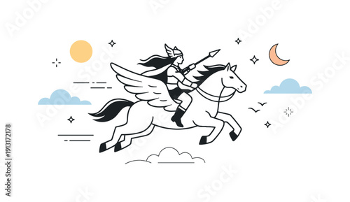 Legendary sky rider. A minimalist fantasy scene with a Valkyrie and winged horse moving across wide empty space, strong sense of freedom.