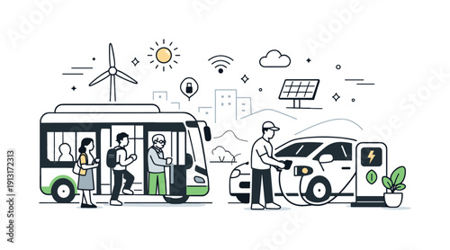 Electric mobility future. People using an electric bus and charging an electric vehicle, calm city scene focused on clean energy and smart