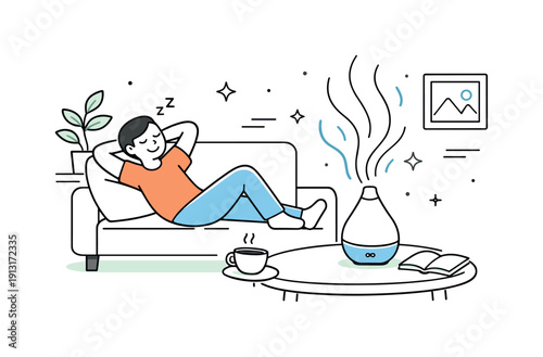 Relaxing home atmosphere. Person resting on a sofa while gentle scent waves from a diffuser fill the room, calm and cozy feeling. Editorial