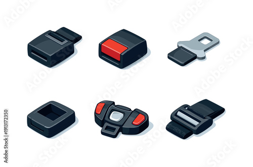 Car seat buckle. Isometric flat vector icons set of car seat buckle: standard seat belt buckle, red release button buckle, metal latch