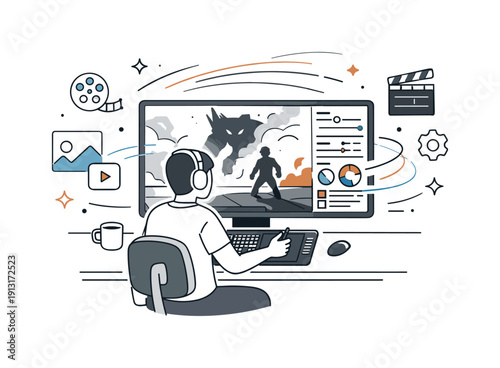 Film post-production moment. A CGI artist adjusting effects on a dramatic movie frame, with abstract motion lines indicating animation and