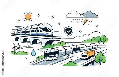 Image Generation. Resilient transport systems. A train and road network designed for heat and storms, surrounded by greenery and protective structures. The