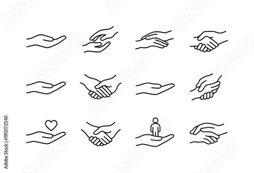 Minimal Helping Hands. Minimal Helping Hand. Line icon set of Minimal Helping Hand: simple hand outline, minimal support gesture, abstract helping hand, clean