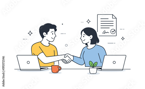 Collaboration between freelancers. Two freelancers agreeing on a project, shaking hands with a simple contract icon floating nearby, calm