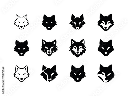 wolf. Icon set. Set Logo of wolf: wolf head. harmonious logo variations of the same emblematic concept, each with different