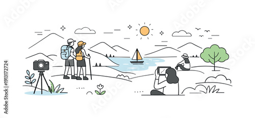 Panoramic composition in photography. A simplified wide-format frame showing foreground, midground, and background elements