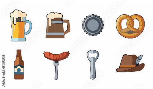 Oktoberfest Beer Glass Wooden Mug Pretzel Sausage Hat Icon Set Flat Vector Isolated on White Background