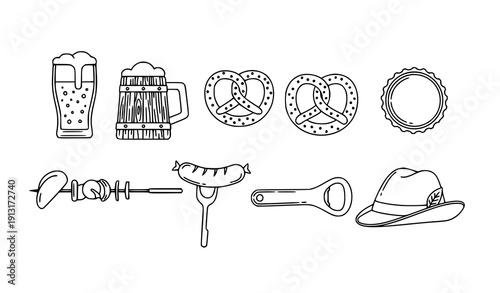 Oktoberfest Line Art Icons Beer Mug Pretzel Sausage Bottle Cap Opener and Hat Vector Outline Set