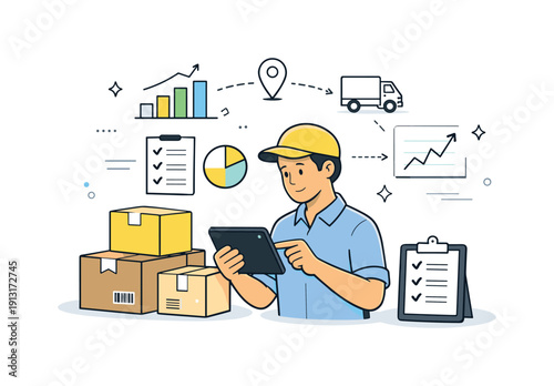 Efficient Logistics Planning. Logistics workflow. An operator reviewing shipment data on a tablet beside organized packages, focused planning and control.