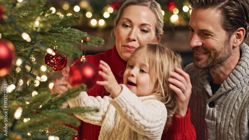 Happy family decorating holiday tree together with bright ornaments
