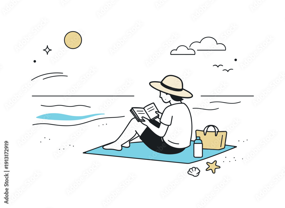 Fototapeta premium Peaceful Beach Reading. Beach solitude scene. A single traveler reads a book under the open sky, with minimal beach elements and a peaceful horizon. Silence,