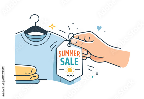 Summer sale tags. Close-up scene of a hand attaching a summer sale tag to clothing. Friendly retail interaction, seasonal promotion and calm