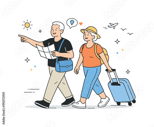 Image Generation. Travel and freedom in retirement. A senior couple explores a new place together, carrying small bags and enjoying the journey. Discovery,